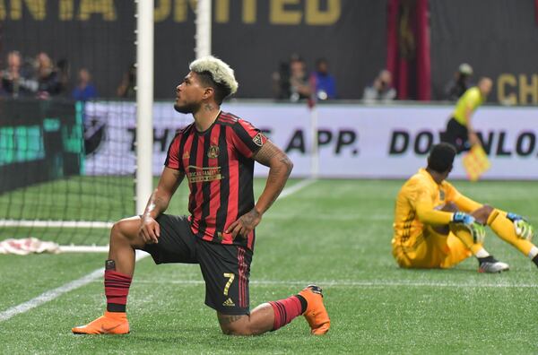 October 24, 2019 Atlanta - Atlanta United forward Josef Martinez (7) celebrates after he scored a goal in the second half during Eastern Conference semifinals of MLS playoffs at Mercedes-Benz Stadium on Thursday, October 24, 2019. Atlanta United won 2-0 over the Philadelphia Union. (Hyosub Shin / Hyosub.Shin@ajc.com)