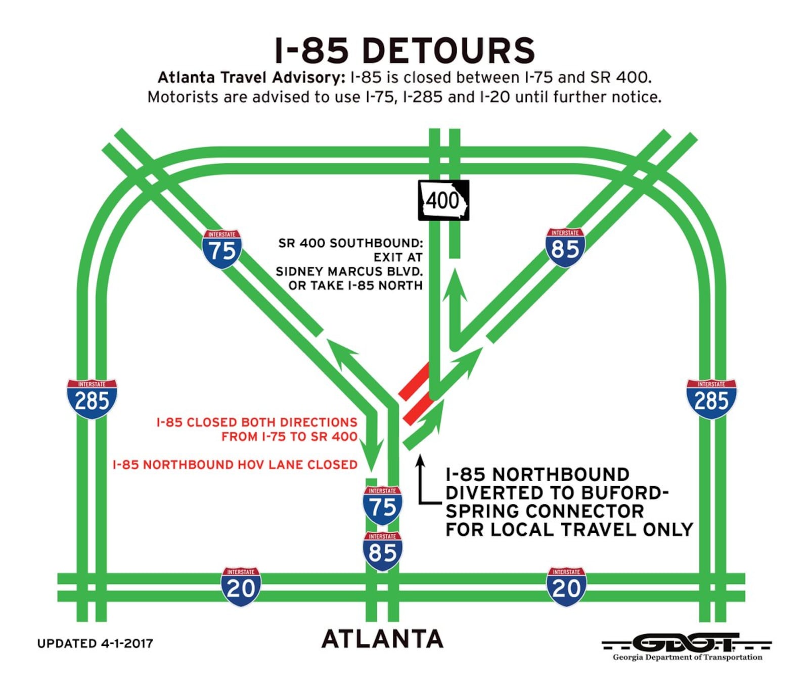 The Georgia Department of Transportation released an update map of I-85 alternative routes and detours on Saturday. Part of I-85 north has reopened up to the Buford-Spring Connector Saturday after a fire took down a portion of I-85 near Piedmont Road Thursday evening.