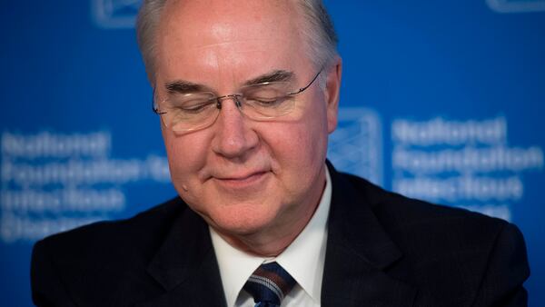 US Secretary of Health and Human Services Tom Price attends a press conference about influenza prevention for the upcoming flu season at the National Press Club in Washington, DC, September 28, 2017.Five Democratic lawmakers have called for the resignation of Health and Human Services Secretary Tom Price for what they described as "a gross misuse of public funds," notably for spending $25,000 on a private roundtrip flight from Washington to nearby Philadelphia. / AFP PHOTO / SAUL LOEB        (Photo credit should read SAUL LOEB/AFP/Getty Images)