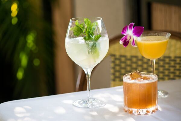 Le Colonial cocktails (from left to right) Than Duoc (Gin & Tonic), Me Khoi (Tamarind), and Ao Lua Ha Dong (White Silk dress). Photo credit- MIa Yakel.