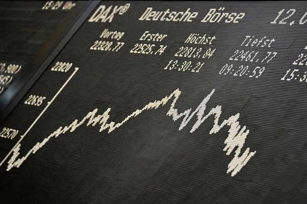 The German stock index, DAX, is pictured at the stock market in Frankfurt, Germany, Wednesday, March 12, 2025. (AP Photo/Michael Probst)