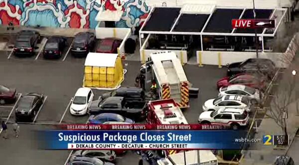 A busy Decatur street was shut down for more than three hours as authorities investigated a package found at the DeKalb County Public Defender’s Office.