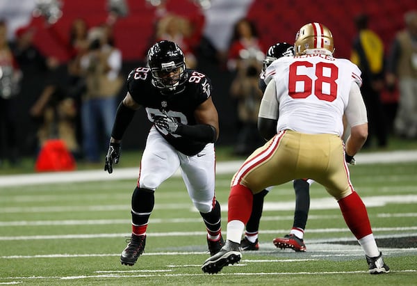 Atlanta Falcons defensive end Dwight Freeney (93) works against San Francisco 49ers guard Zane Beadles (68) Sunday, Dec. 18, 2016, in Atlanta.