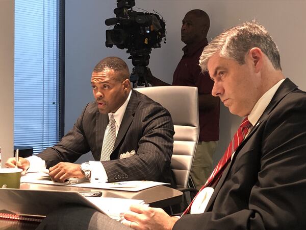 Atlanta Fulton County Recreation Authority Chairman William K. Whitner, left, and board member Bob Ellis, listen during a Monday, Aug. 20, 2018, hearing of the authority. J. SCOTT TRUBEY/STRUBEY@AJC.COM.