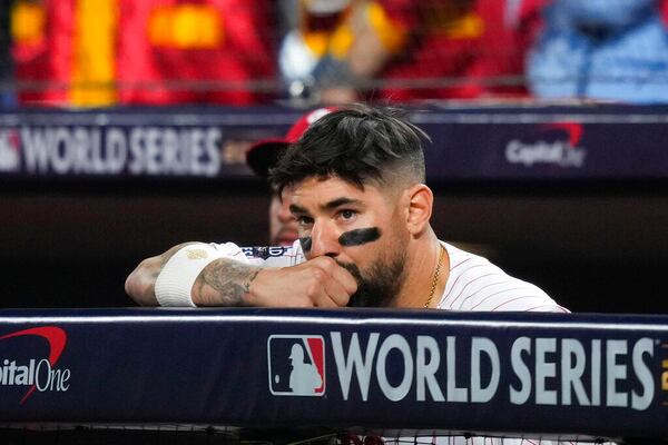 Philadelphia Phillies right fielder Nick Castellanos watches during their loss in Game 4 of baseball's World Series between the Houston Astros and the Philadelphia Phillies on Wednesday, Nov. 2, 2022, in Philadelphia. (AP Photo/Matt Slocum)