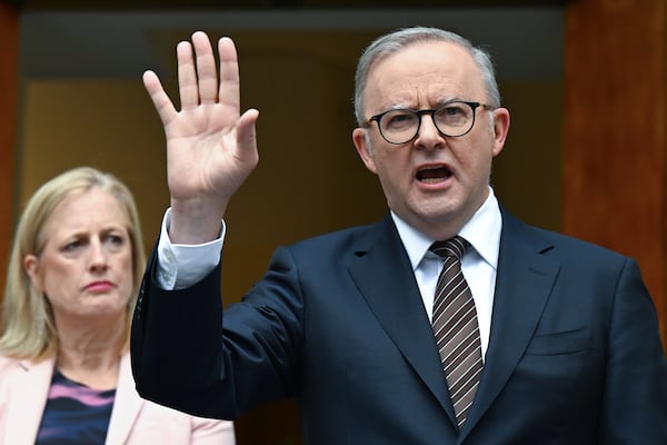 Australian Prime Minister Anthony Albanese gestures during a press conference at Parliament House in Canberra, Friday, Nov. 29, 2024. (Lukas Coch/AAP Image via AP)