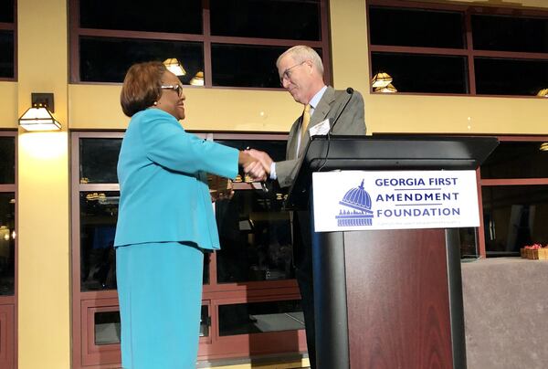 Atlanta City Attorney Nina Hickson (left) is honored on Oct. 18, 2018, by Georgia First Amendment Foundation President Richard Griffiths for her efforts to stand up for open government. Reporting by The Atlanta Journal-Constitution and Channel 2 Action News revealed that Hickson, as the attorney for the Atlanta Beltline, successfully pushed back against efforts by a top aide to former Mayor Kasim Reed to hinder access to public documents.