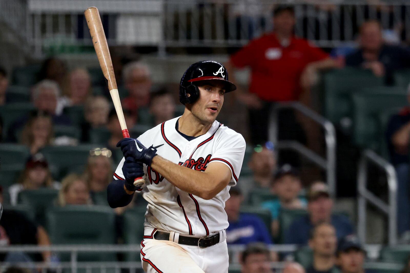 Braves first baseman Matt Olson hits a two-RBI double during the seventh inning against the Miami Marlins at Truist Park Friday, April 22, 2022, in Atlanta. (Jason Getz / Jason.Getz@ajc.com)