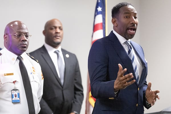 Atlanta Mayor Andre Dickens talks at a press conference at the Atlanta Police Headquarters about the arrest of John Roberts Mazurek Thursday. February 8, 2024. (Steve Schaefer/steve.schaefer@ajc.com)