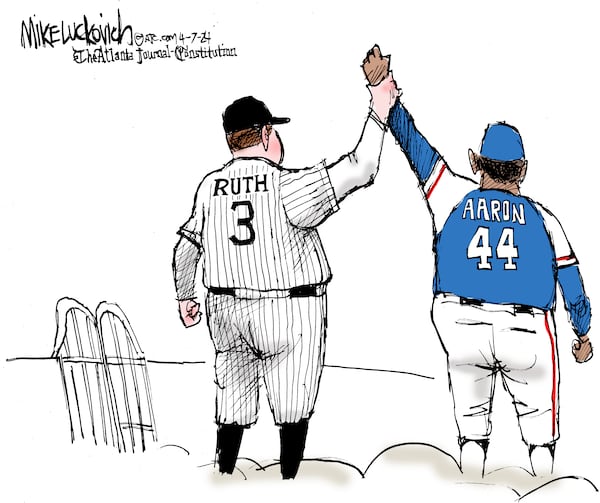 The Hank Aaron meets Babe Ruth cartoon that ran in April. 