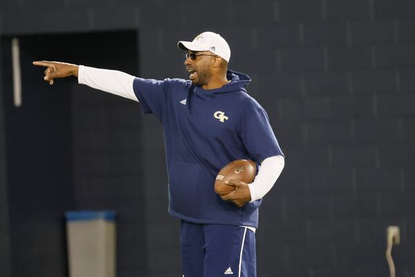 Georgia Tech defensive line coach Marco Coleman yields instructions during a spring practice session at the John and Mary Brock Indoor Practice Facility on Monday, March 13, 2023.
Miguel Martinez /miguel.martinezjimenez@ajc.com