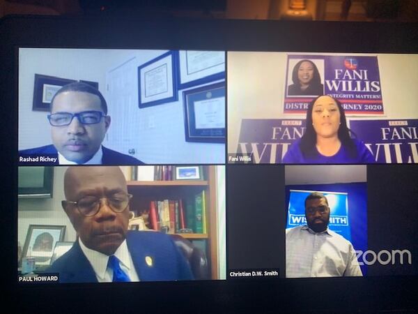 Fulton County district attorney  candidates Fani Willis (top right), incumbent Paul Howard (bottom left) and Christian Wise-Smith (bottom right) participated recently in a virtual forum  held online via Zoom. Atlanta radio personality Rashad Richey (top left) moderated.