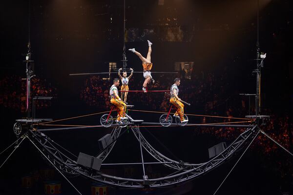 The Criss-Cross Flying Trapeze features nine trapeze artists soaring from front to back, side to side and diagonally within a swing set-inspired play space. Courtesy of Ringling Bros.