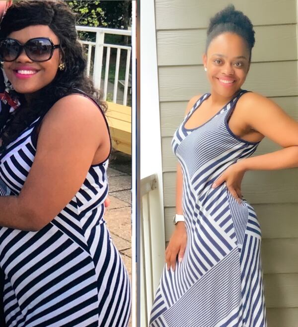 After she lost weight, Amber Beck became a health and wellness coach, and she started an online coaching business, Queendom Health and Wellness, right before the COVID-19 shutdown took effect. In the photo on the left, taken in May 2018, she weighed 186 pounds. In the photo on the right, taken in June, she weighed 143 pounds. (Photos contributed by Amber Beck ).