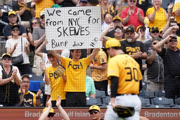 FILE - Pittsburgh Pirates starting pitcher Paul Skenes heads to the dugout during the seventh inning of a baseball game against the Tampa Bay Rays Sunday, June 23, 2024, in Pittsburgh. (AP Photo/Matt Freed, File)