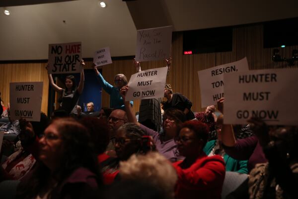 Dozens of protesters gathered Tuesday afternoon at the Gwinnett County and Justice Administration Center in response to Commissioner Tommy Hunter's "racist pig" Facebook post.