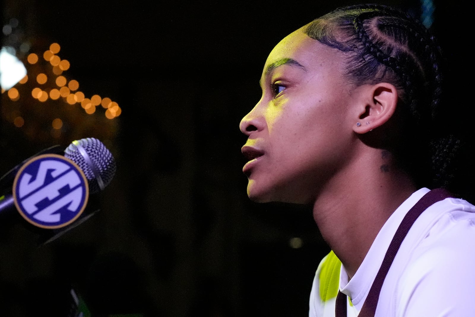 Mississippi State NCAA college women's basketball player Jerkaila Jordan speaks during Southeastern Conference Media Day, Wednesday, Oct. 16, 2024, in Birmingham, Ala. (AP Photo/Mike Stewart)