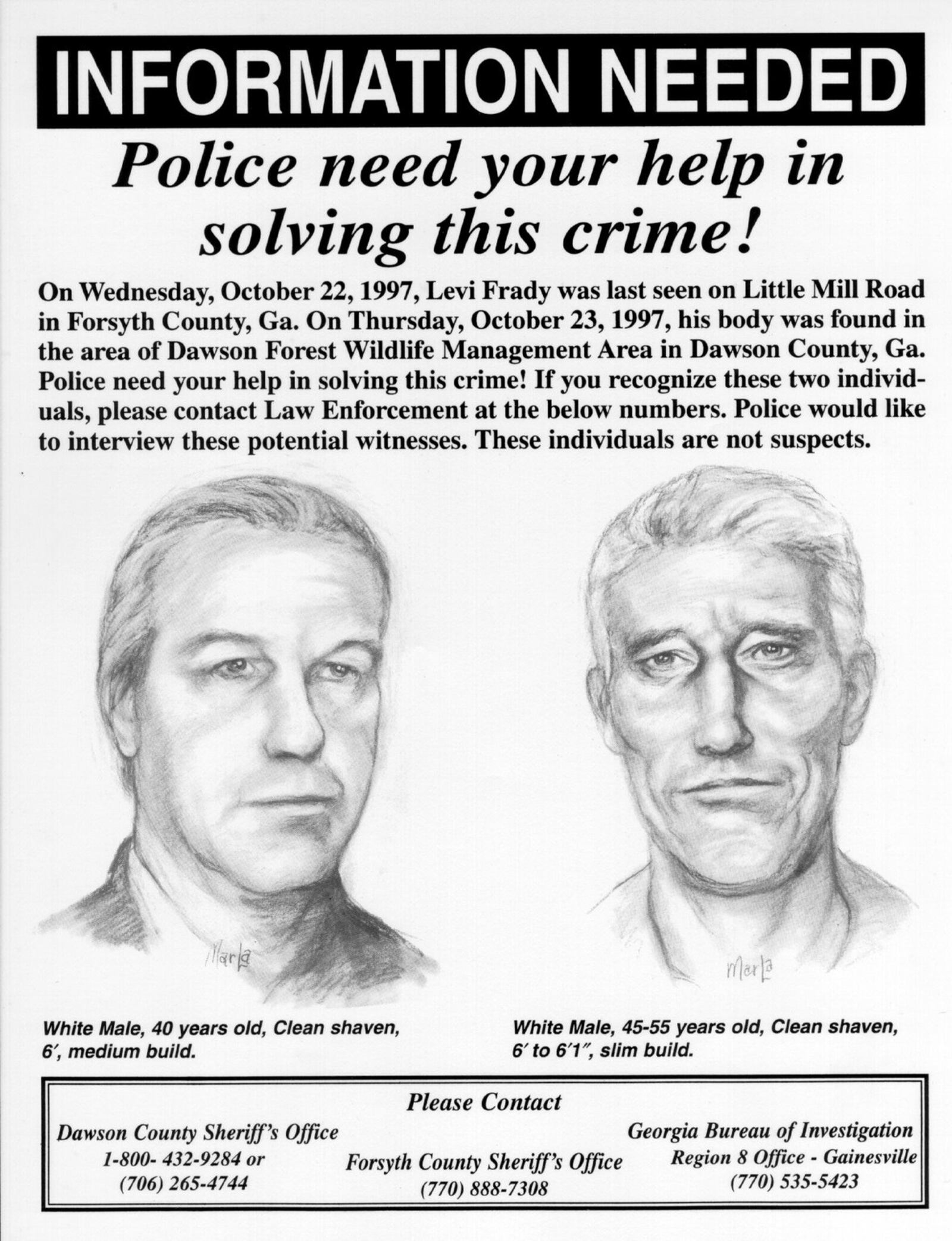 Copy of a poster of possible suspects that were distributed by police in the Levi Frady case. (Special to the AJC)