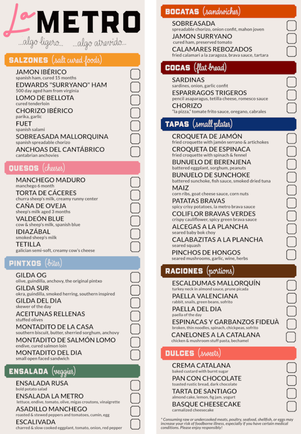 The menu from chef Hector Santiago's newest concept, tapas bar La Metro.