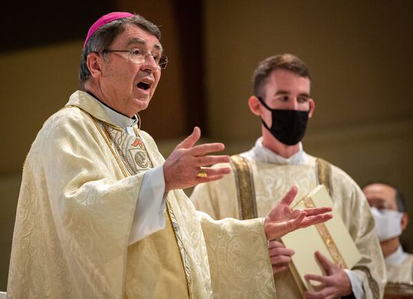 The Most Rev. Christophe Pierre, the Vatican’s top diplomat to the United States, presides over a ceremony at the St. Peter Chanel Catholic Church in Roswell Wednesday, Oct. 7, 2020. He was there to bestow the sacred pallium, a vestment blessed by the pope and made of lamb’s wool, upon the shoulders of Archbishop Gregory J. Hartmayer. (Steve Schaefer for The Atlanta Journal-Constitution) 