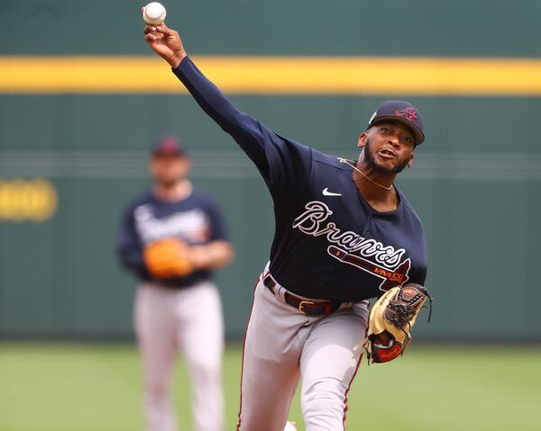 Braves pitcher Darius Vines delivers against the Tampa Bay Rays during the third inning of a spring game at CoolToday Park on Thursday, March 10, 2022, in North Port, Fla.  “Curtis Compton / Curtis.Compton@ajc.com”`