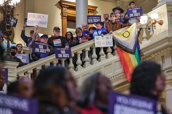 Crowds gather on the South steps of the Georgia Capitol on Thursday during a press conference held by Democratic lawmakers to lay out priorities on Crossover Day. Natrice Miller/AJC