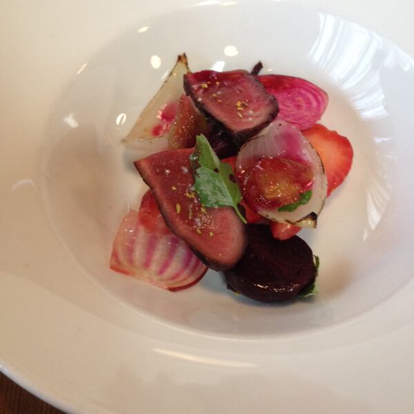 Beef heart, spring onion, beets, strawberry and endangered Cherokee Purple tomato.