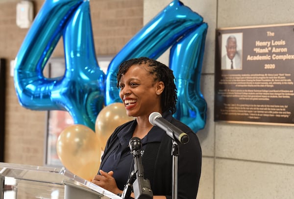 February 5, 2021 Atlanta - Jennifer Hardy, one of Hank Aaron Scholars speaks to honor the life and legacy of long-time board member and donor Henry Louis "Hank" Aaron at Atlanta Technical College's campus in Atlanta on Friday, February 5, 2021. The event, featuring remarks and tributes from a number of Hank Aaron Scholars, coincides with what would have been Aaron's 87th birthday. (Hyosub Shin / Hyosub.Shin@ajc.com)