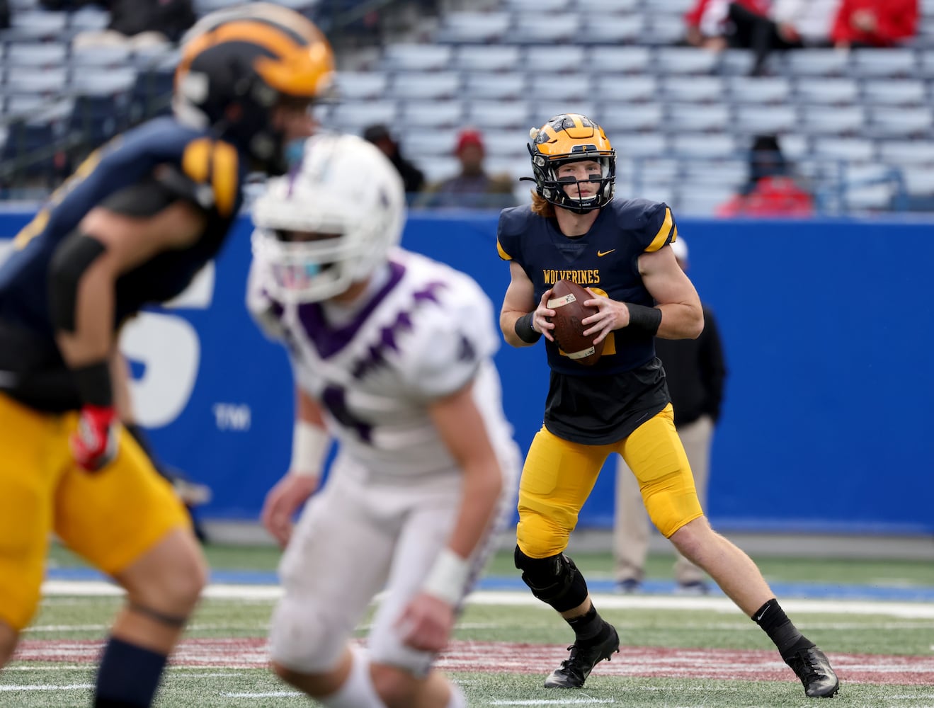 Prince Avenue Christian quarterback Brock Vandagriff (12) drops back to pass in the first half against Trinity Christian during the Class 1A Private championship at Center Parc Stadium Monday, December 28, 2020 in Atlanta, Ga.. JASON GETZ FOR THE ATLANTA JOURNAL-CONSTITUTION