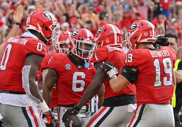 November 5, 2022 Athens - Georgia's wide receiver Marcus Rosemy-Jacksaint (1) celebrates with teammates after catching a touchdown pass during the first half in an NCAA football game at Sanford Stadium in Athens on Saturday, November 5, 2022. (Hyosub Shin / Hyosub.Shin@ajc.com)