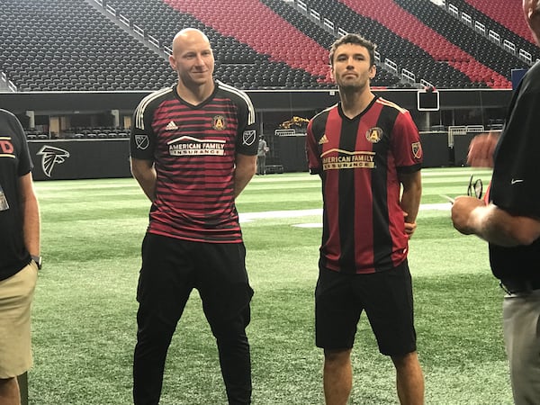 Atlanta United players Brad Guzan and Michael Parkhurst at the Delta event