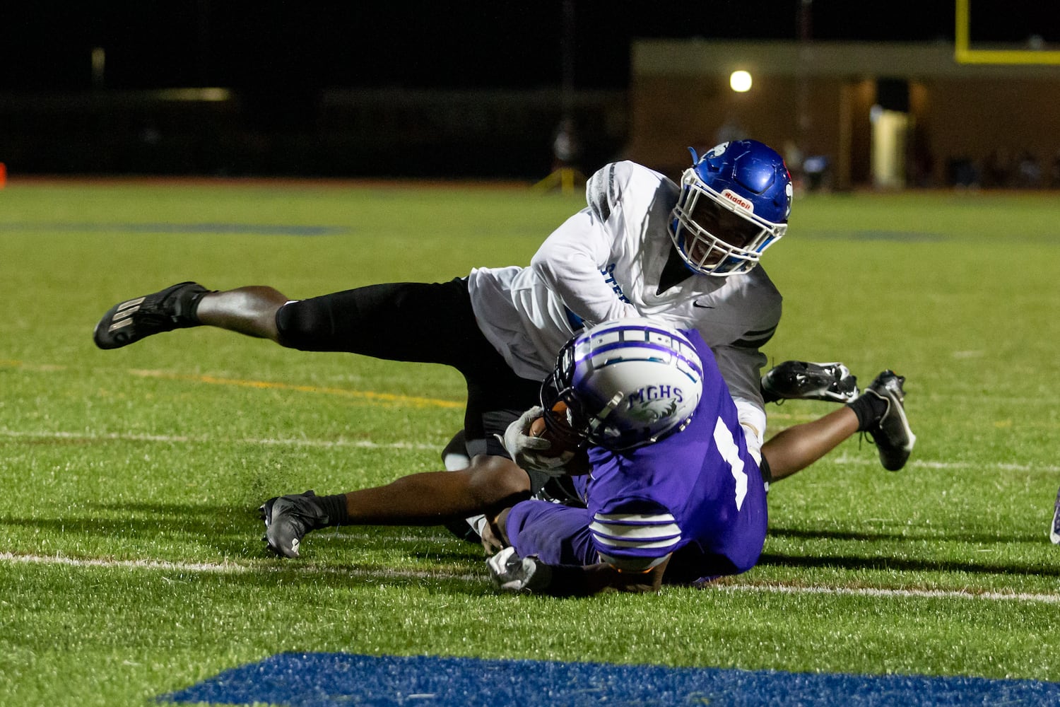 Miller Grove's Jayden Brown (1) scores a touchdown during a GHSA high school football game between Stephenson High School and Miller Grove High School at James R. Hallford Stadium in Clarkston, GA., on Friday, Oct. 8, 2021. (Photo/Jenn Finch)