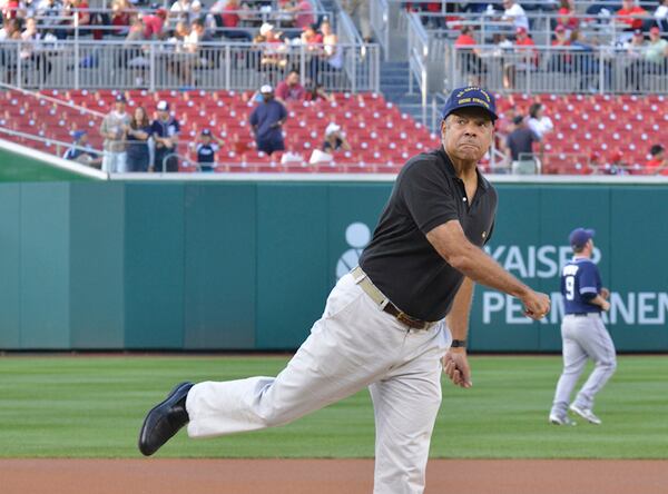 Jeh Charles Johnson making a first pitch at a Washington Nats game in August 2015.