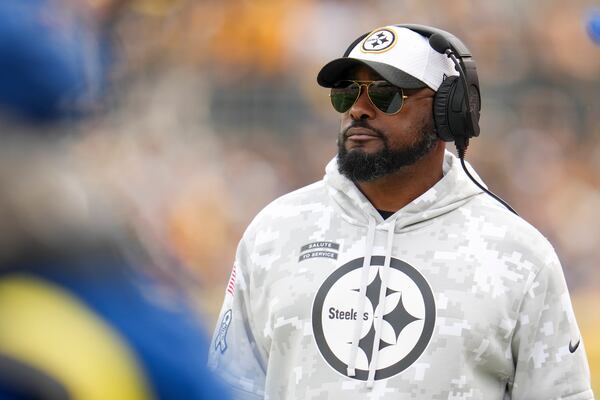 Pittsburgh Steelers head coach Mike Tomlin looks on during the first half of an NFL football game against the Baltimore Ravens, Sunday, Nov. 17, 2024, in Pittsburgh. (AP Photo/Gene J. Puskar)