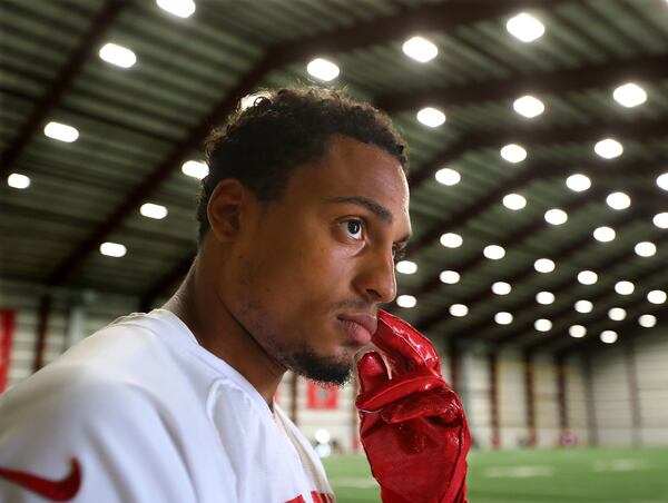 June 6, 2019 Flowery Branch: Atlanta Falcons cornerback Isaiah Oliver takes questions during an interview following team practice on Thursday, June 6, 2019, in Flowery Branch.  Curtis Compton/ccompton@ajc.com