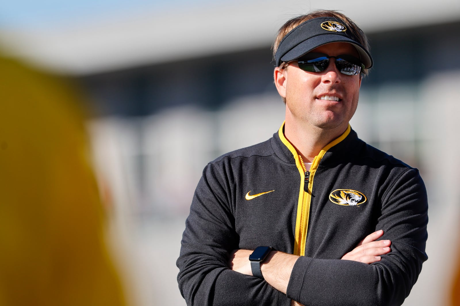 FILE - Missouri head coach Eliah Drinkwitz watches the action during the second half of an NCAA football game against Massachusetts on Saturday, Oct. 12, 2024, in Amherst, Mass. (AP Photo/Greg M. Cooper, File)