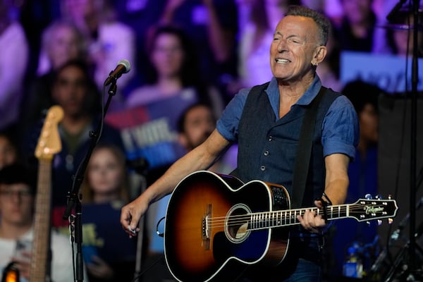 Bruce Springsteen performs at a campaign rally supporting Democratic presidential nominee Vice President Kamala Harris, Monday, Oct. 28, 2024, in Philadelphia. (AP Photo/Matt Rourke)