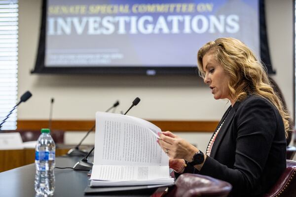 Defense attorney Ashleigh Merchant testifies before the Senate Special Committee on Investigation at the Georgia State Capitol on Wednesday, March 6, 2024. (Steve Schaefer/steve.schaefer@ajc.com)