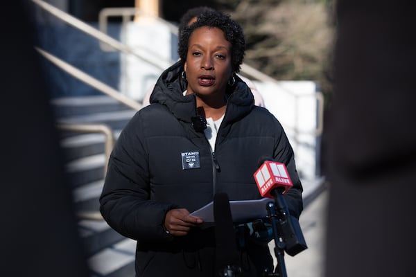 Former Chair of the Governing Board of the Office of Inspector General Nichola Hines speaks at a press conference at City Hall on Feb. 17. Hines along with two other members resigned alongside Inspector General Shannon Manigault Monday. (Riley Bunch/AJC)