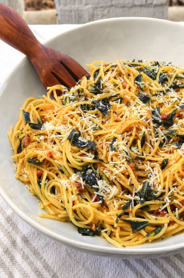 Spaghetti with Dandelion Greens and Pancetta.
(Chris Hunt for The Atlanta Journal-Constitution)