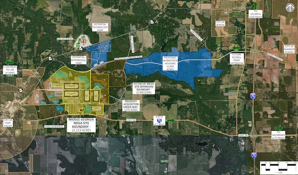 The land in yellow is the state's new Middle Georgia Megasite in Peach County near Fort Valley. The 1,100-acre property is being pitched for the electric vehicle sector and other manufacturers. SPECIAL TO THE AJC