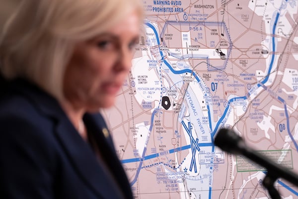 National Transportation Safety Board (NTSB) Chairwoman Jennifer Homendy speaks about the recent mid-air collision of an American Airlines flight and a Black Hawk helicopter near Ronald Reagan Washington National Airport, at a news conference in Washington, Tuesday, March 11, 2025. (AP Photo/Ben Curtis)