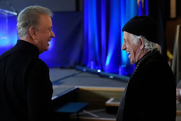 Keith Richards, right, and Connecticut Governor Ned Lamont talk before a ceremony for the presentation of the first Governor's Award of Excellence in Westport, Conn., Wednesday, March 5, 2025. (AP Photo/Seth Wenig)