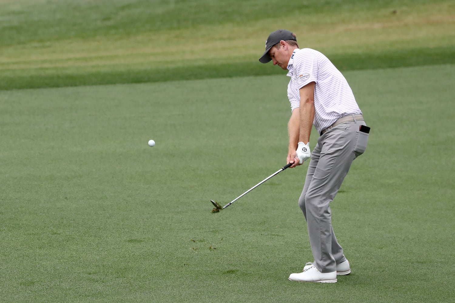 April 10, 2021, Augusta: Brendon Todd chips to the second hole during the third round of the Masters at Augusta National Golf Club on Saturday, April 10, 2021, in Augusta. Curtis Compton/ccompton@ajc.com