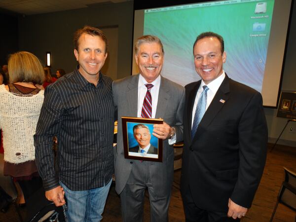 Several Fox 5 brethren showed up to the luncheon to support Ken Cook, including Jeff Hill (left) and Ken Rodriquez (right). CREDIT: Rodney Ho/rho@ajc.com