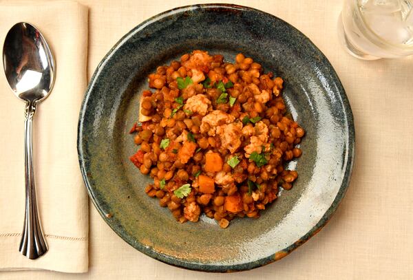 Slow Cooker Lentil Stew with Cauliflower provides a hearty dish for winter. (Styling by Cynthia Graubart / Chris Hunt for the AJC)