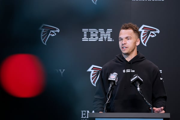 Falcons quarterback Desmond Ridder addresses the media during the first day of the offseason program on Tuesday, April 18, 2023, in Flowery Branch.
Miguel Martinez /miguel.martinezjimenez@ajc.com

