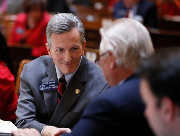 2/5/18 - Atlanta -  Senator Jesse Stone, R-Waynesboro, reacts after the bill passed on a 53-2 vote. Gov. Nathan Deal and legislative leaders say adoption is a priority for this session.  BOB ANDRES  /BANDRES@AJC.COM