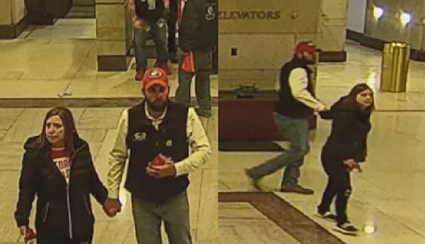 Surveillance cameras caught these still images of Chuck Hand, now a candidate in the Republican primary in southwest Georgia's 2nd Congressional District, and his wife, Mandy Robinson-Hand, inside the U.S. Capitol during the Jan. 6, 2021 riot. The two pleaded guilty in 2022 to a misdemeanor charge of illegally demonstrating in the U.S. Capitol. They were sentenced to 20 days in federal prison and six months of probation. (Chris Joyner/The Atlanta Journal-Constitution/TNS)