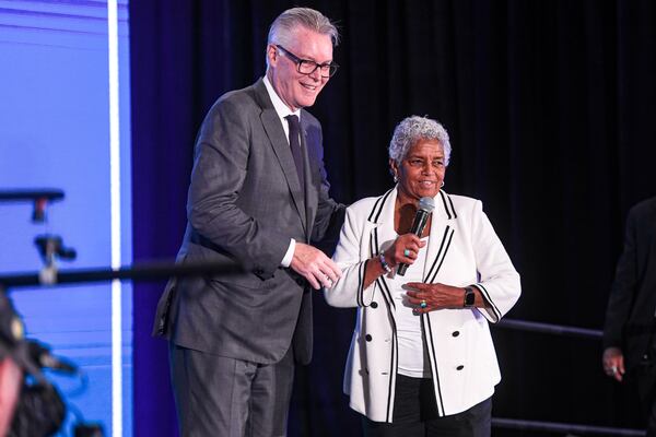 Former Atlanta Mayor Shirley Franklin, (right), during the building dedication event at Delta headquarters in Atlanta, Georgia on  Monday, June 24, 2024.  (Ziyu Julian Zhu / AJC)